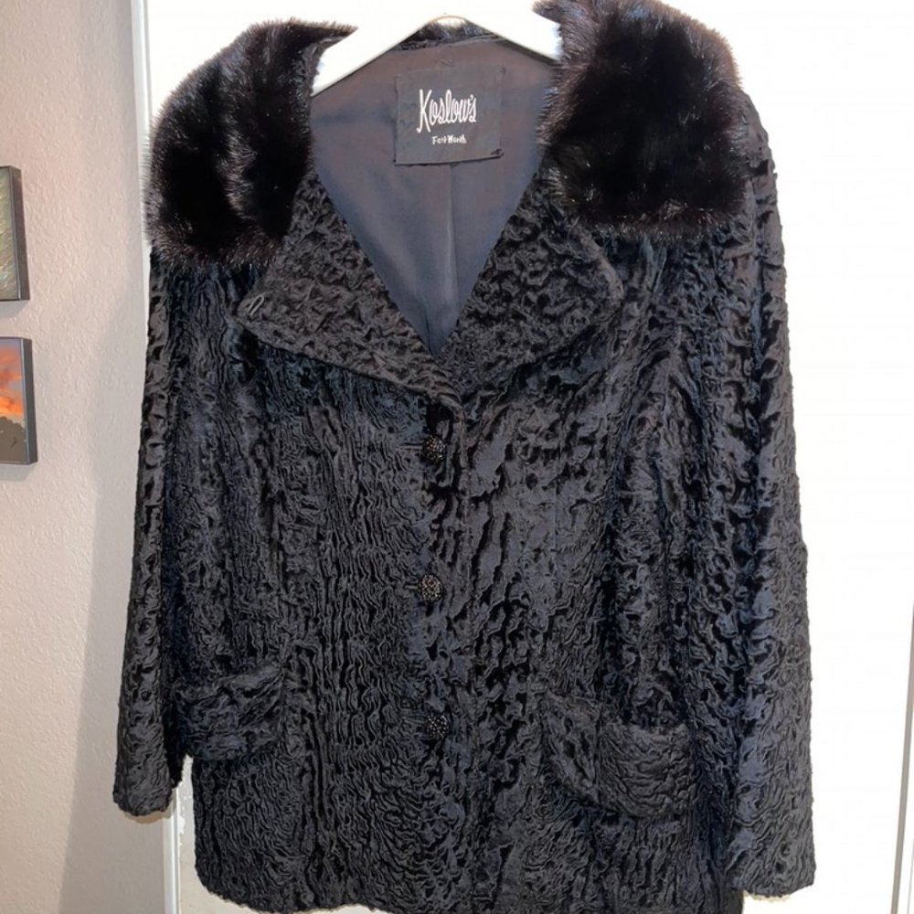 Vintage Koslow's Black Persian Lamb Jacket Mink Collar